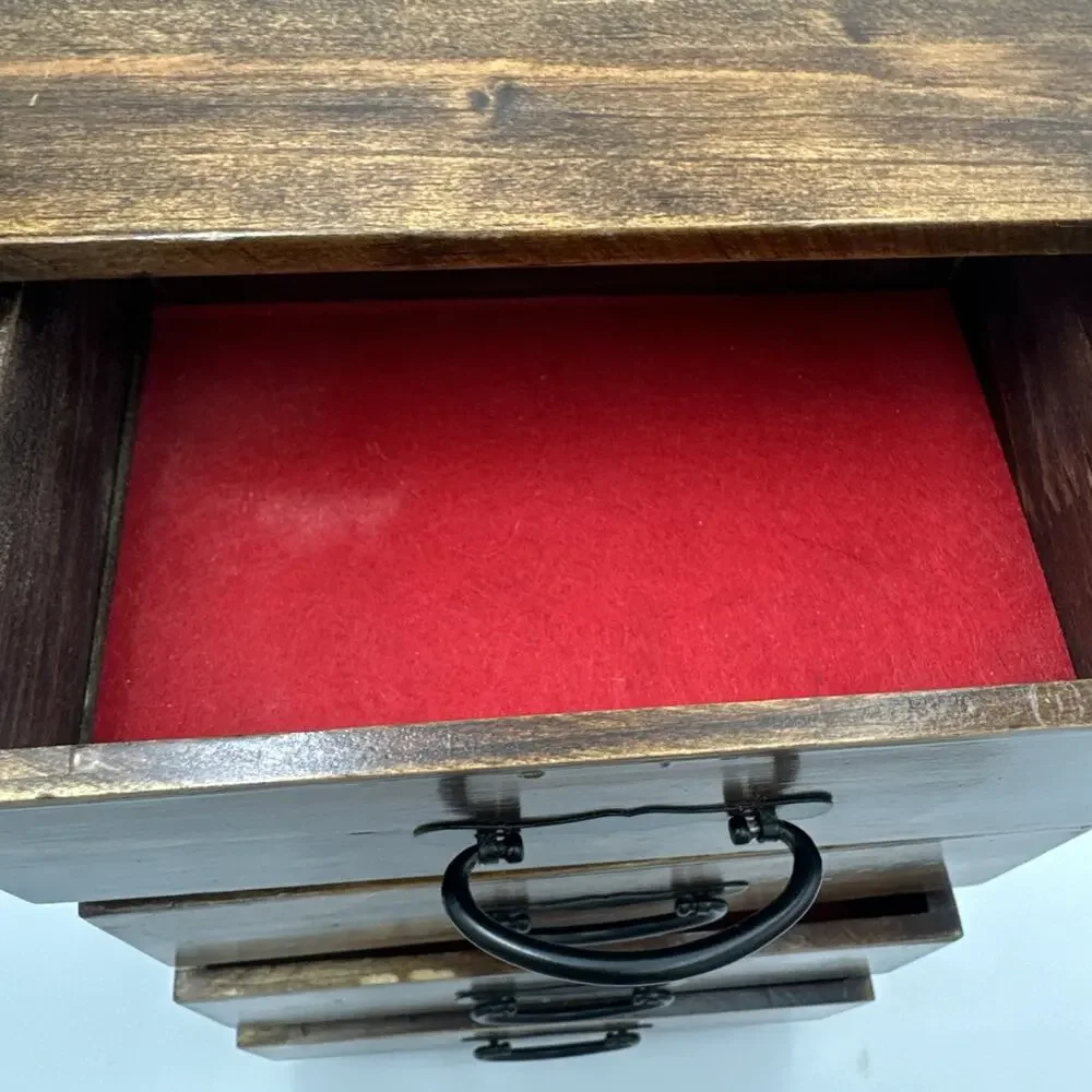 Vintage Wooden Jewelry Box Stand With 5 Drawers Red Felt Lined